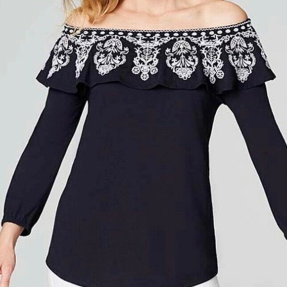 J. Jill Womens Off Shoulder Flounce Knit Top Blue - Picture 3 of 6